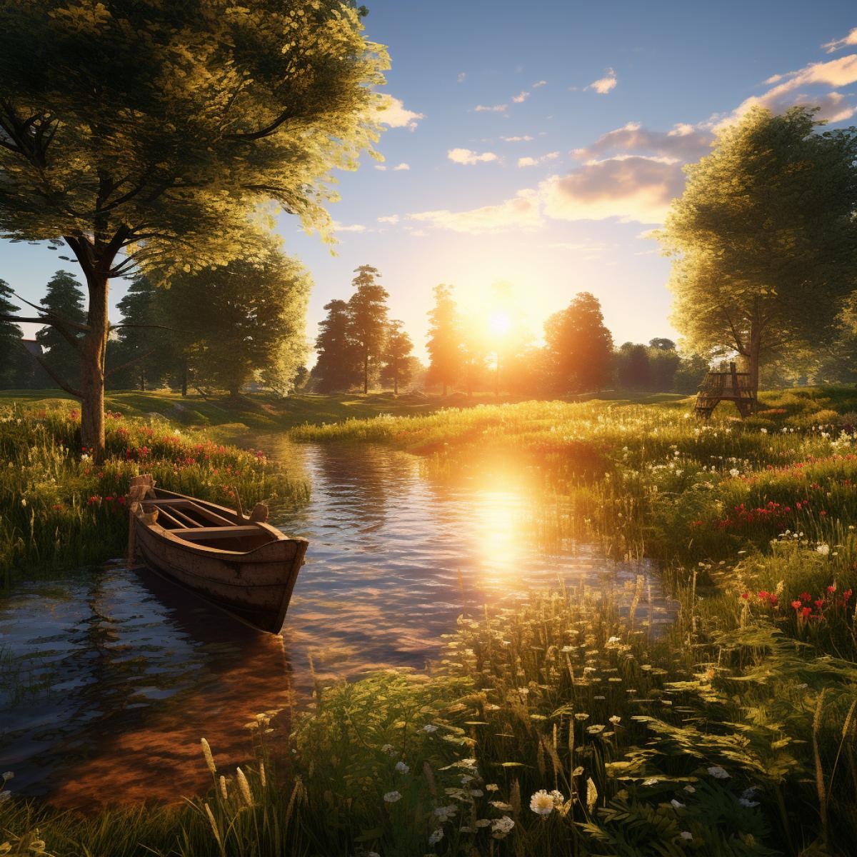sun rising on a river, a little boat,a tree, in the middle of a beautiful garden, meadow, forest, blue sky, ultrarealistic, intricate details, volumetric lighting