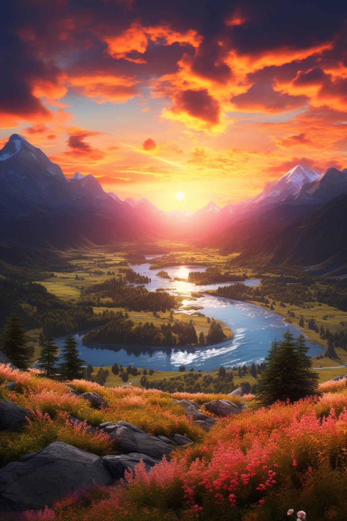 Most beautiful landscape with sunset, mountain, river, golden hour, soft details, atmospheric, saturated colors, volumetric lighting, intricate detail, digital art, photorealistic, liefelike, highly detailed, ultra detail, high definition, dramatic clouds, digital art, 3D, 8K