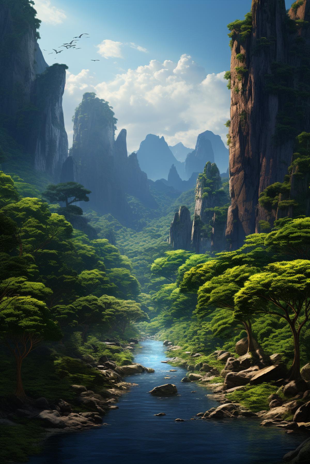 Chiaroscuro Hyper-realistic Elven Landscape , Hyperdetailed, Mountains, river, trees, Beautiful, Cinematic lighting, raking sunlight, shadows, Intricate detail, detailed, Renato Muccillo, HD, 8k, HDr
