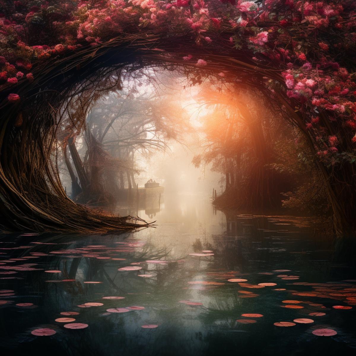 autumn, a mirror river 2 meters wide in the center, in front of a bridge across the river, tree branches form a tunnel, lotus flowers near the shore in the water, voluminous rays of dawn through the branches, shore in lush pink flowers, light turquoise fog, golden section, detailing,
