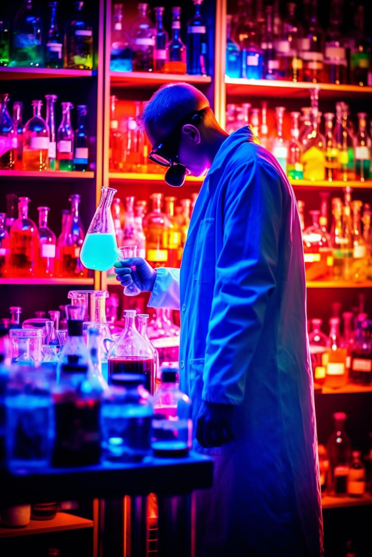 Shocking chemists doing chemicals in the laboratory, many colorful flasks, mysterious light
