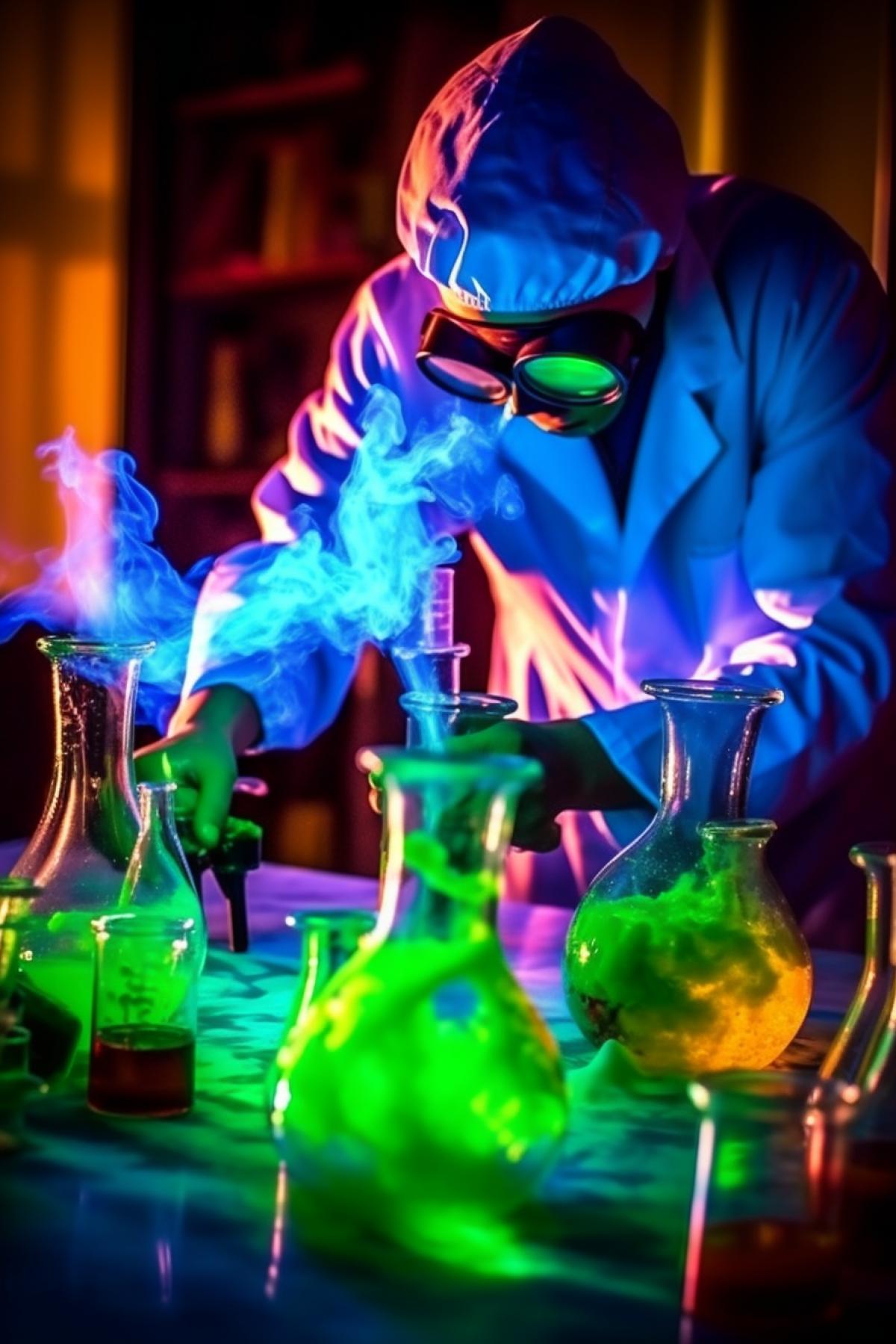 Shocking chemists doing chemicals in the laboratory, many colorful flasks, mysterious light