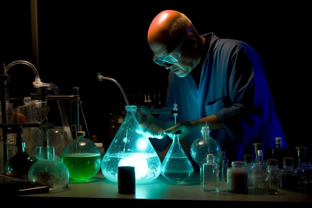 A mad chemist makes an incredible synthesis, a lot of chemical glassware, smoke, chemistry!