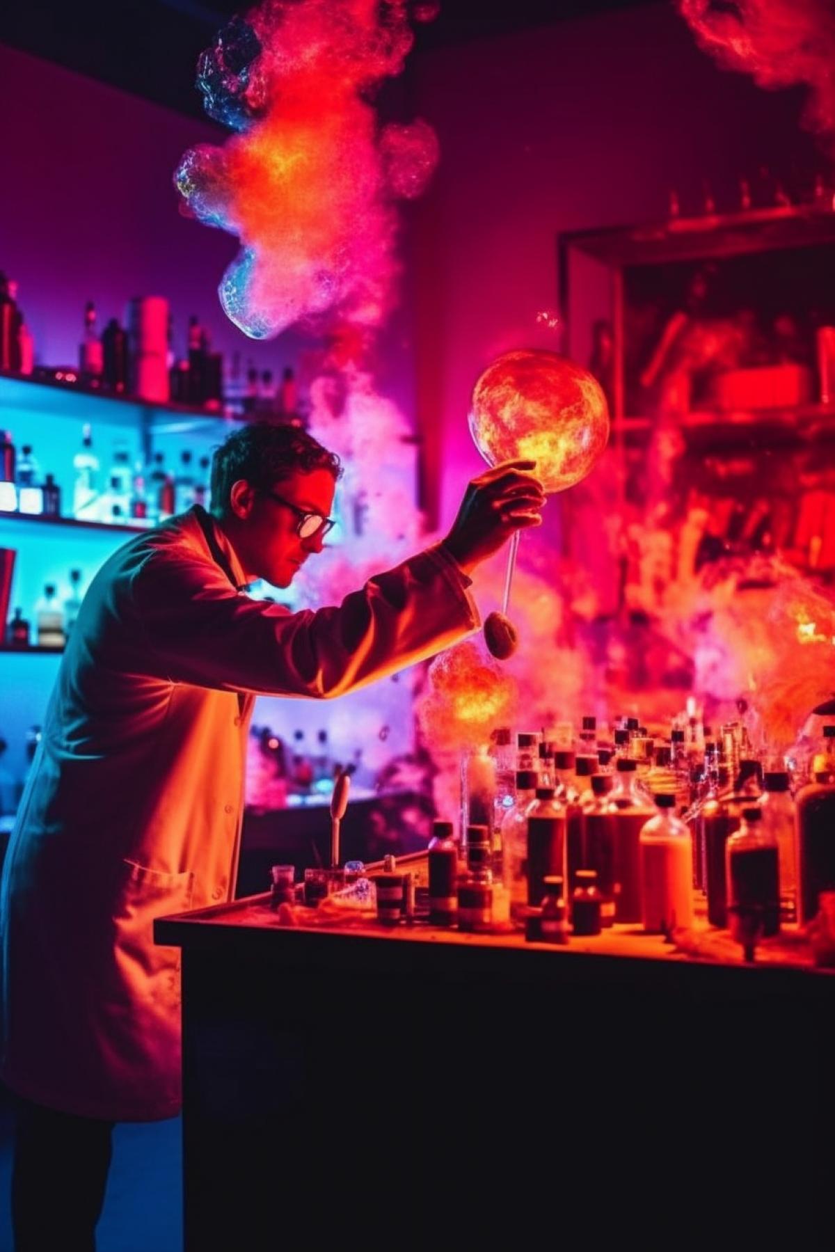 Shocking chemists doing chemicals in the laboratory, many colorful flasks, mysterious light