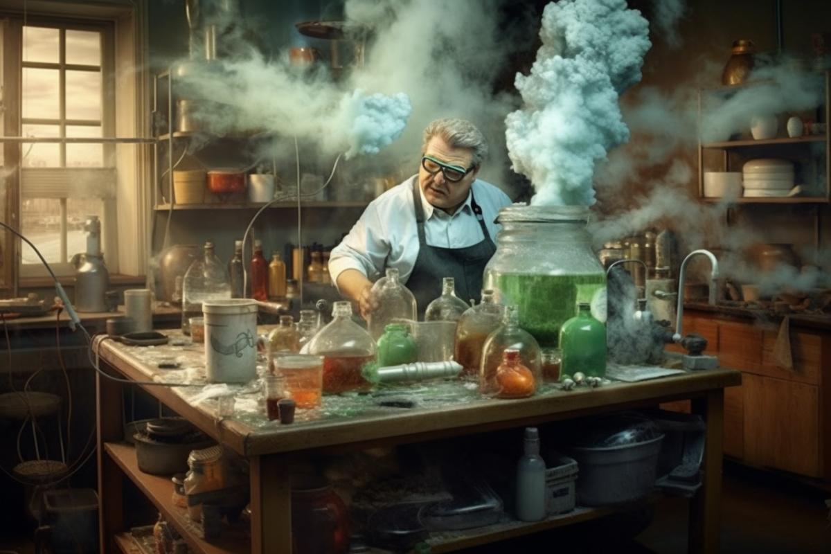 A mad chemist makes an incredible synthesis, a lot of chemical glassware, smoke, chemistry!