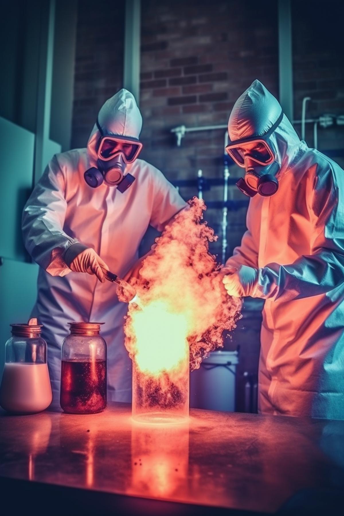 Shocking chemists doing chemicals in the laboratory, many colorful flasks, mysterious light