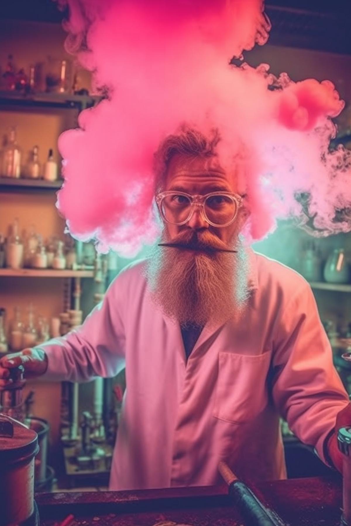 A crazy bearded chemist with a crazy look makes an incredible shocking synthesis in the laboratory, a lot of chemical glassware, chemical installations