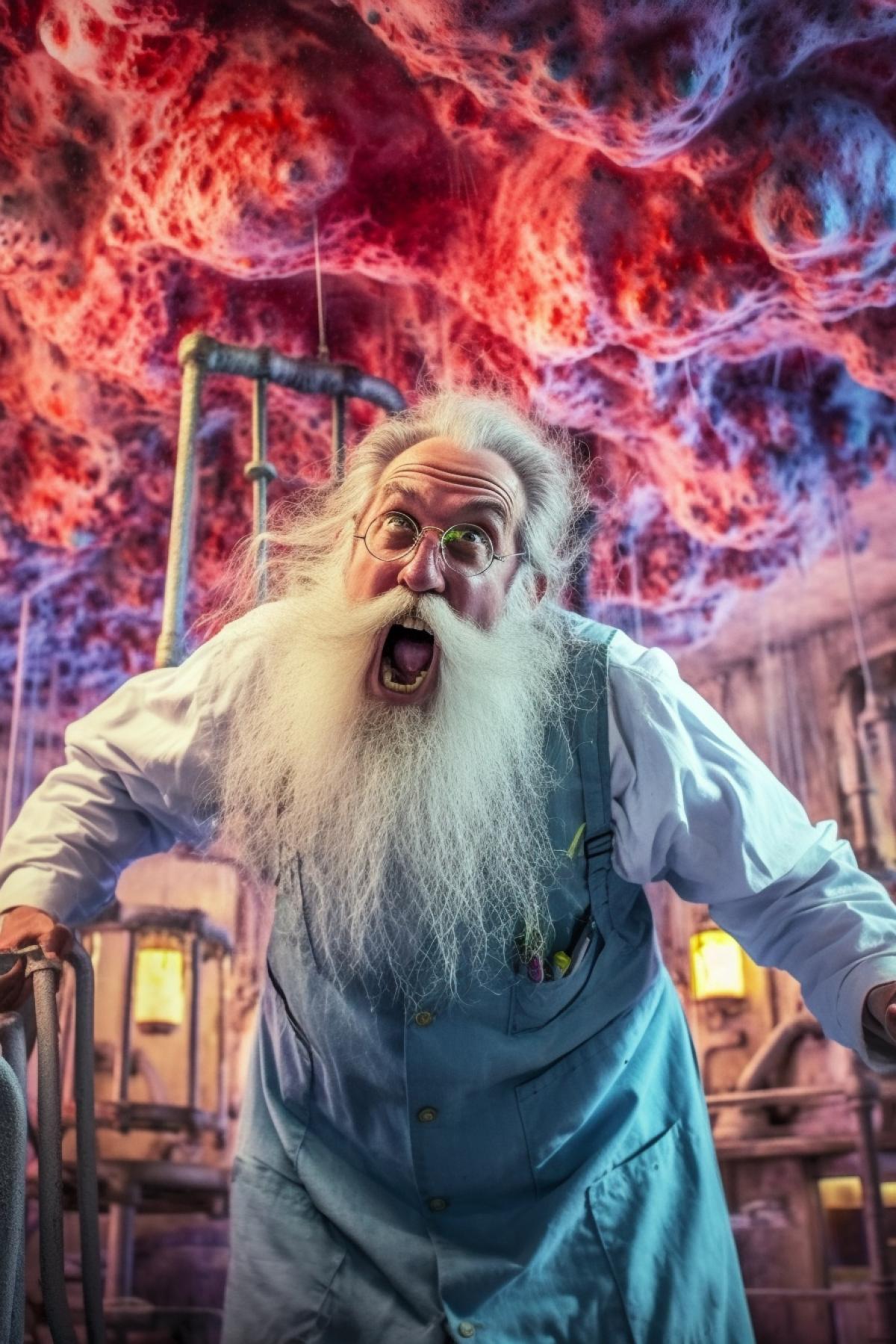 A crazy bearded chemist with a crazy look makes an incredible shocking synthesis in the laboratory, a lot of chemical glassware, chemical installations