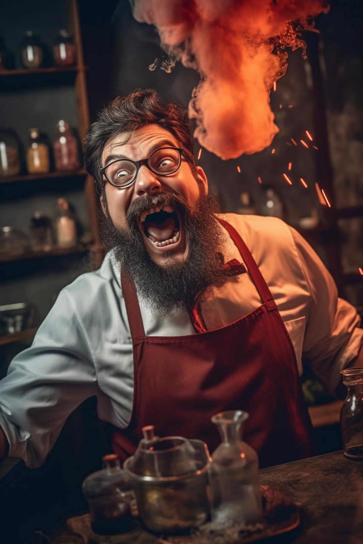 A crazy bearded chemist with a crazy look makes an incredible shocking synthesis in the laboratory, a lot of chemical glassware, chemical installations