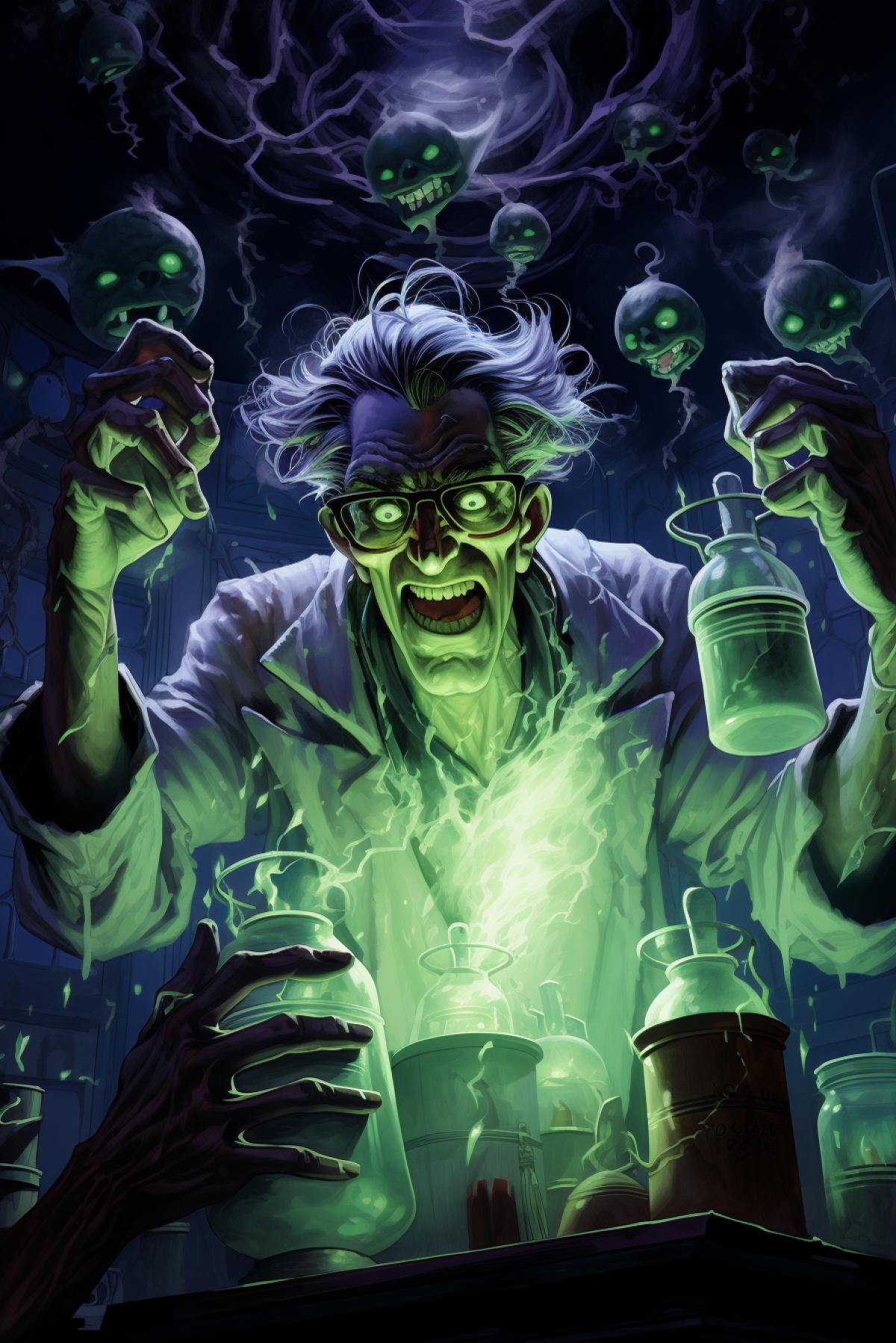 A mad scientist stands in their dark, Gothic laboratory, their wild eyes fixed on a bubbling green potion in a glbeaker. The room is filled with strange and mysterious machinery, sparks flying as the scientist works on their latest creation. Dressed in a lab coat and goggles, the scientist holds the beaker aloft, a maniacal grin spreading across their face as they watch the green smoke wafting from the liquid. They cackle with glee, their mind consumed by the pursuit of scientific knowledge and the thrill of discovery