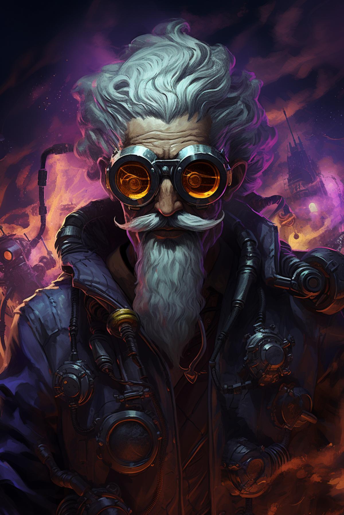 Old Mad scientist, Cyberpunk, Grey hair, Hyperdetailed, Goggles, 2d artwork, Walrus moustache, smoke, fantasy, Orphism, Magic, Stylize, contrast, darkness, emotion, Concept art, Mandy Jurgens, intricate detail, Digital painting, Jojos bizarre adventure, Zack snyder, Yasar vurdem, Christopher Moeller