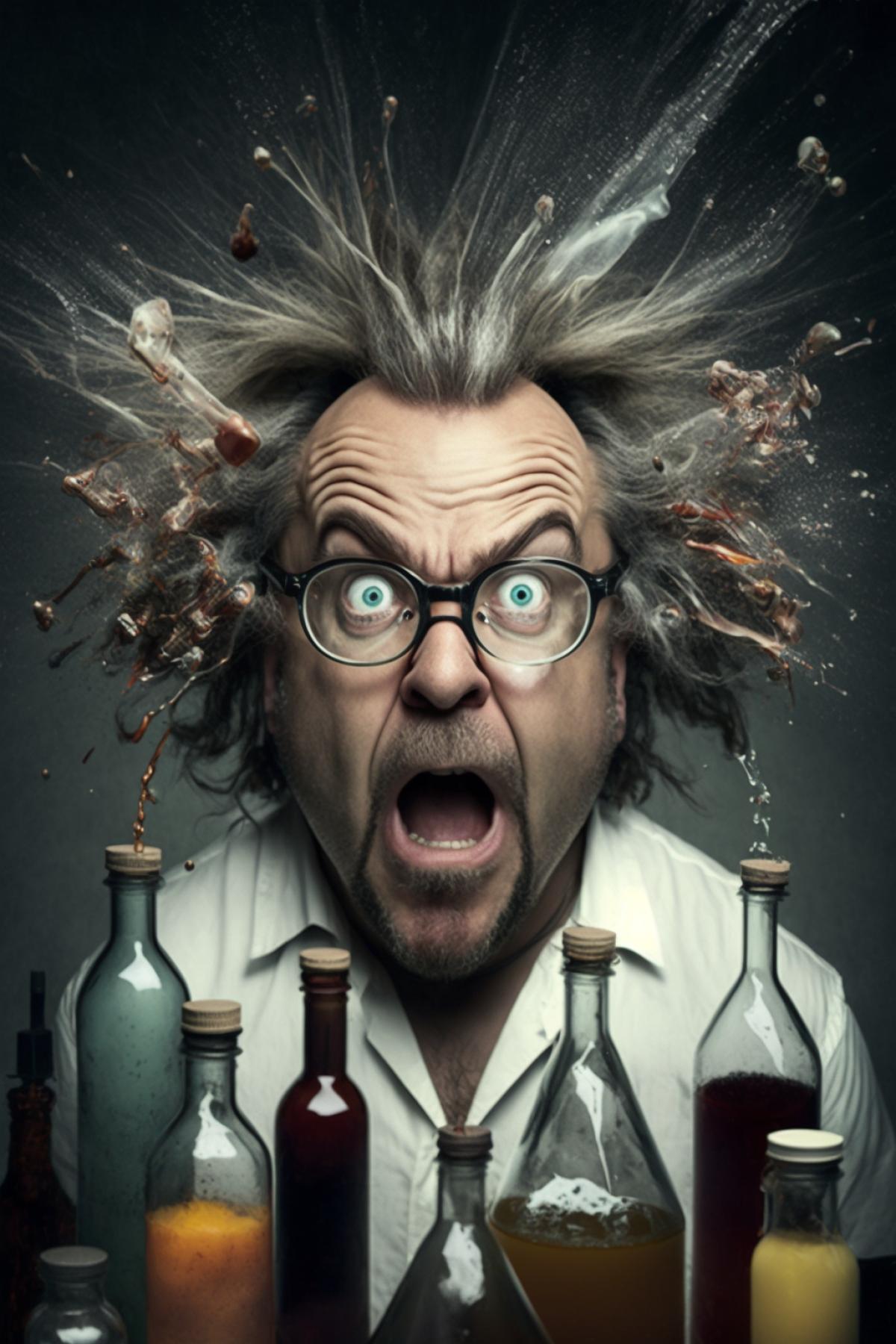 crazy professor with bulging eyes and disheveled hair mixes explosive liquids in test tubes