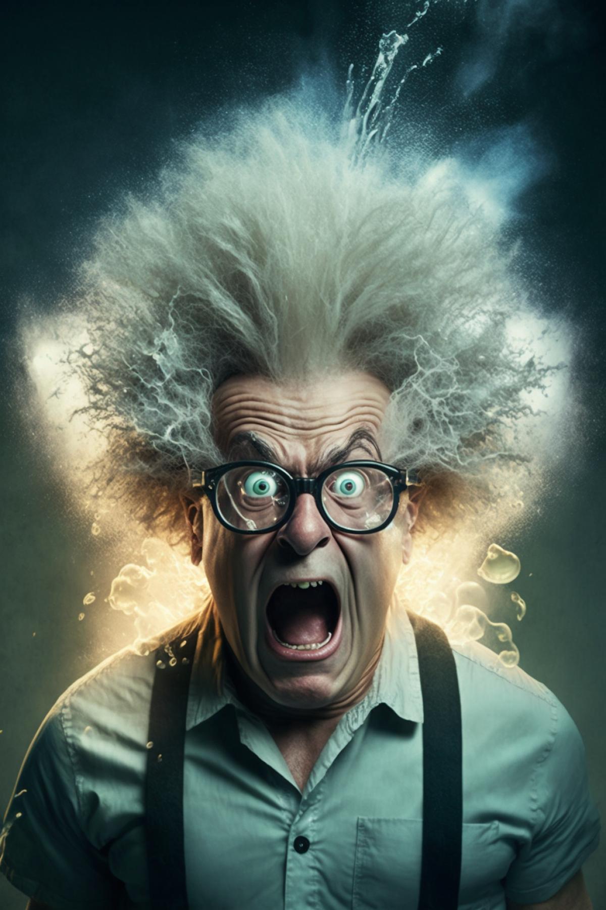crazy professor with bulging eyes and disheveled hair mixes explosive liquids in test tubes