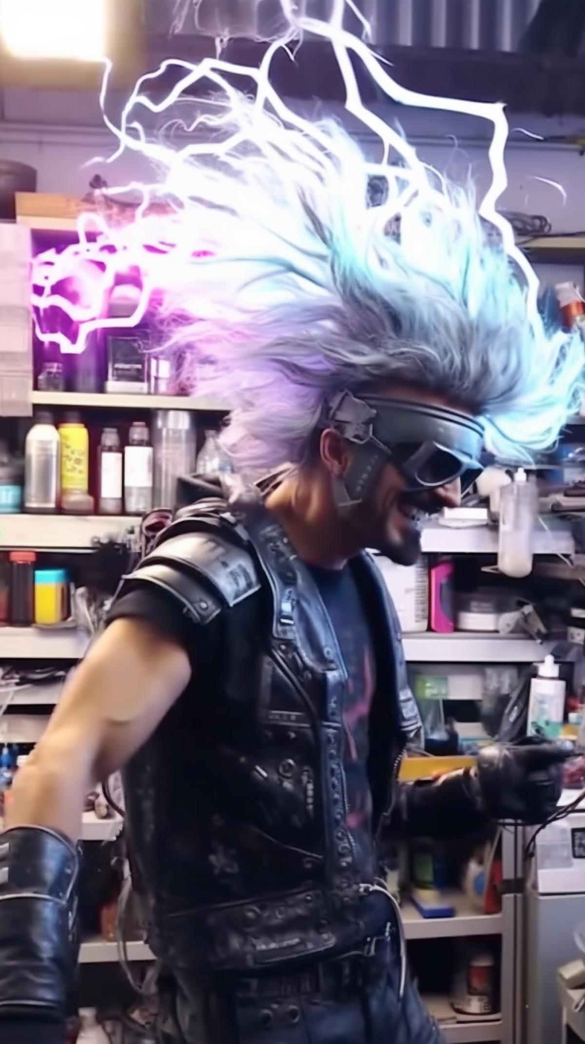 Cyberpunk scientist screams, hair on end, creates a time machine in the garage