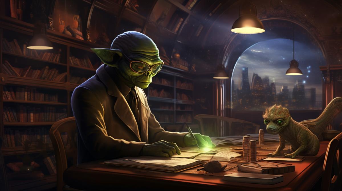 An alien scientist from a Planet in a distant constellation in an alien library.
