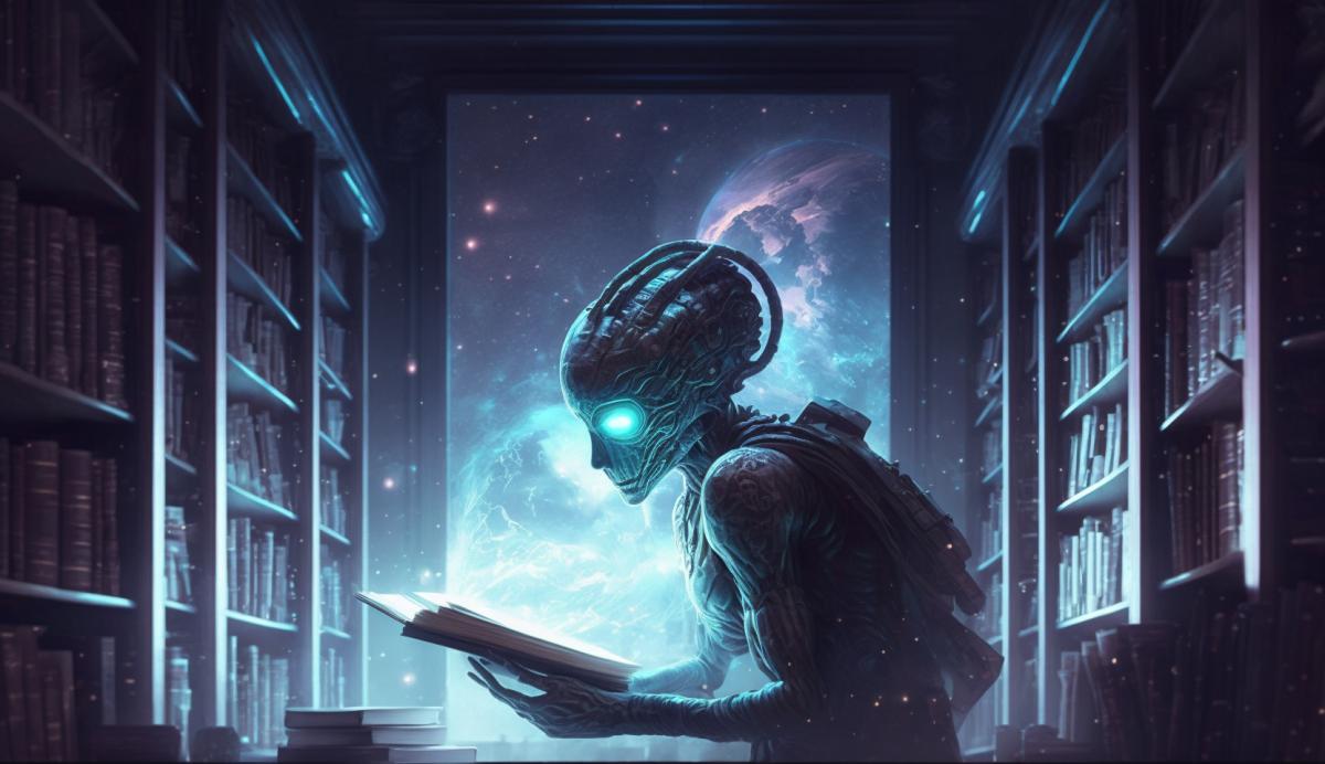 An alien scientist from a Planet in a distant constellation in an alien library.
