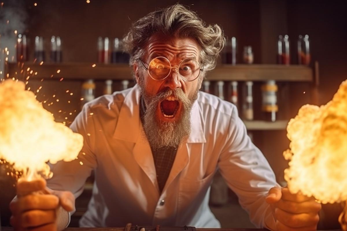 An angry bearded chemist with a crazy look makes an incredible shocking synthesis in the laboratory, explosions, a lot of chemical glassware, chemical installations