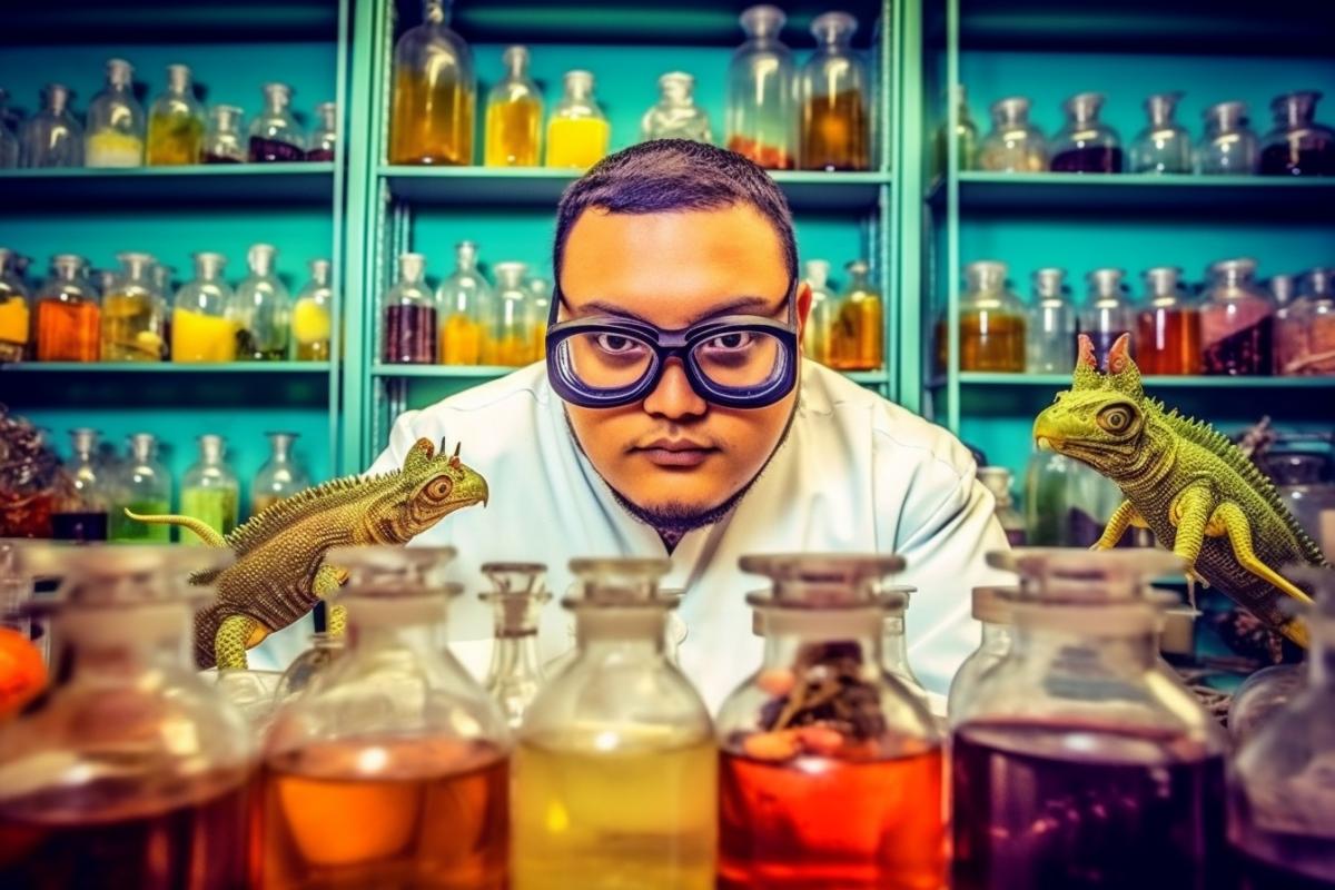 A villain chemist with a crazy face does evil in a chemical laboratory among flasks with lizards