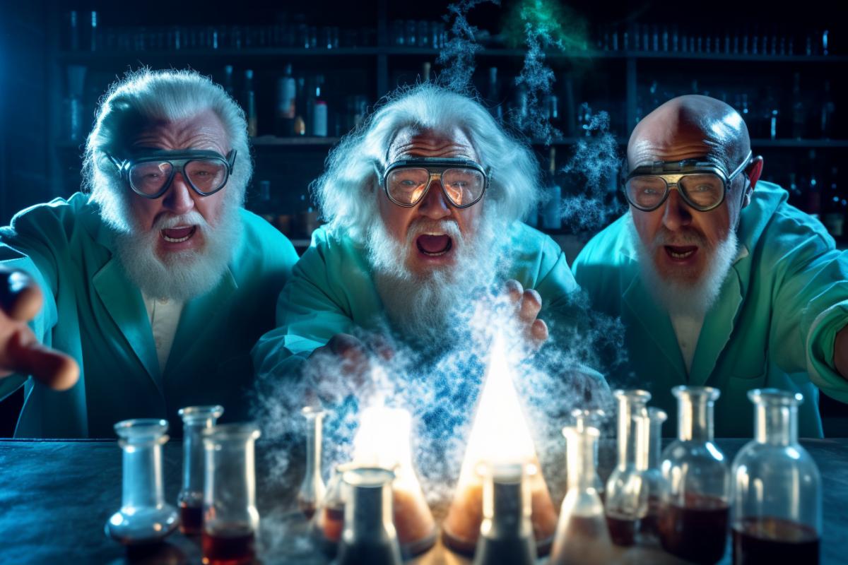 A group of evil bearded scientists with crazy eyes in a chemical laboratory, doing evil and exploding chemistry, tormenting mice in flasks