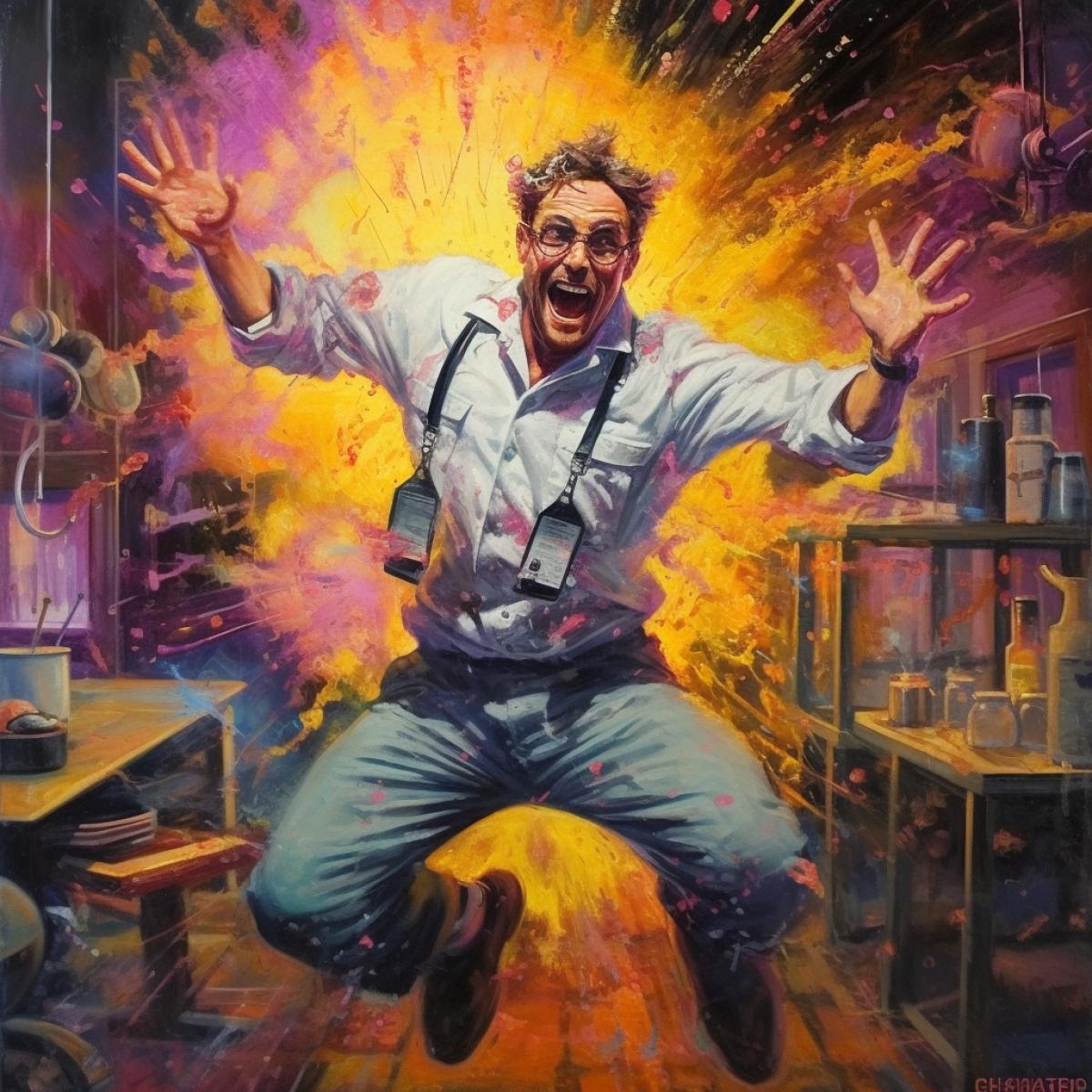 Mad scientist, crazy look, dance, bright colors, explosion, laboratory, inadequacy