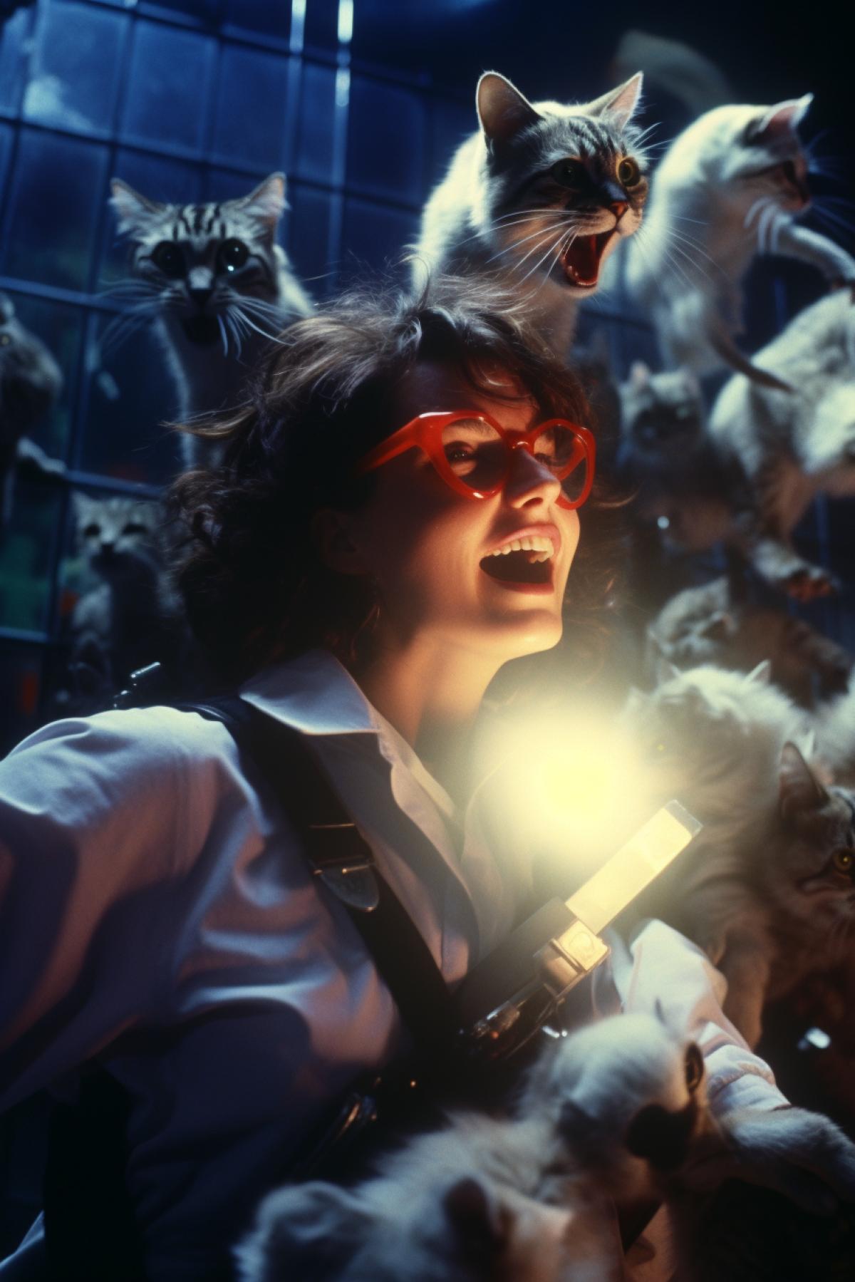Shot from the movie Ghostbusters: Answer the Call, Female scientist in goggles and lab coat surrounded by many flying cats in the background of the laboratory , professional photo, grainy photo, high resolution, cinematic lighting