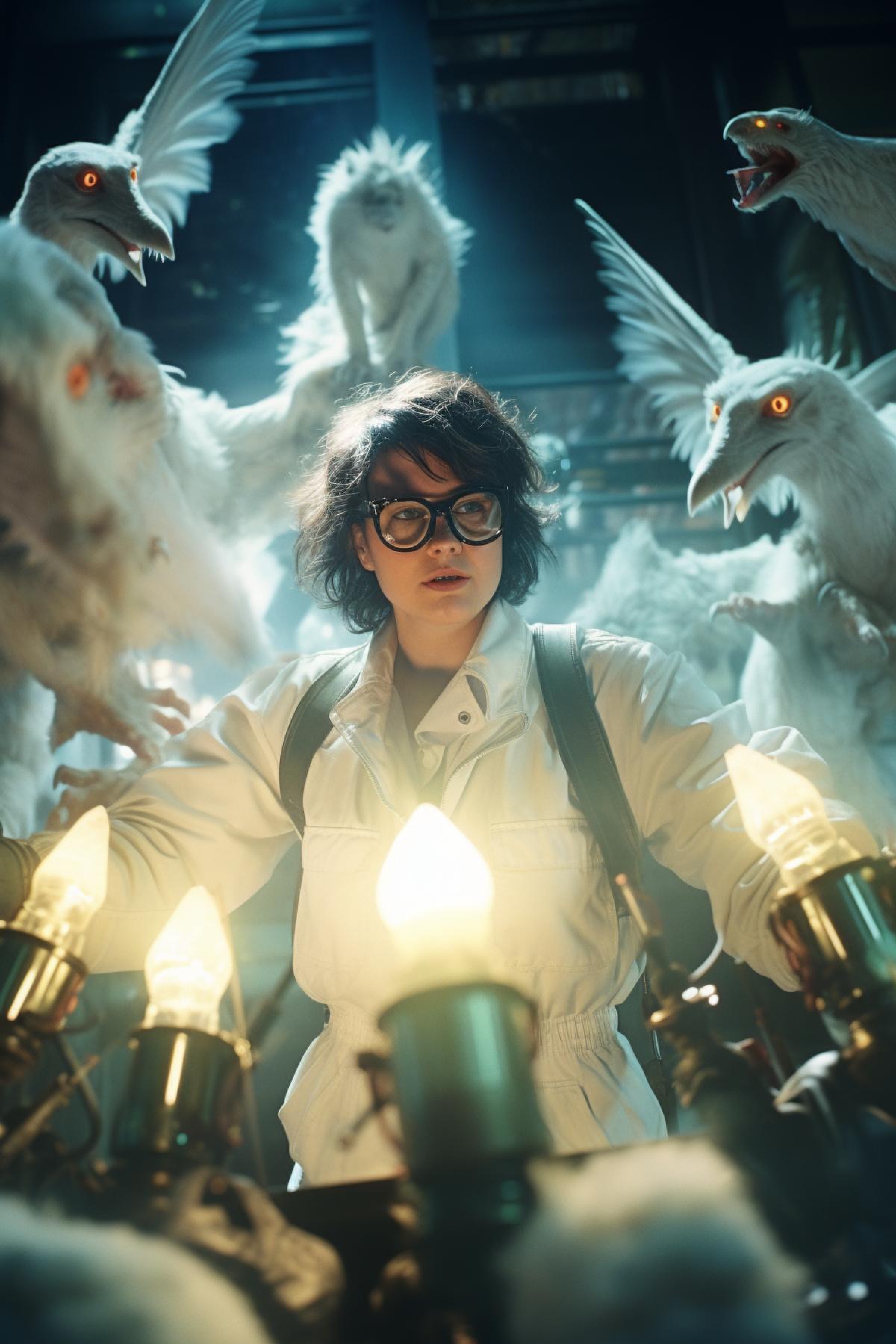 Shot from the movie Ghostbusters: Answer the Call, Female scientist in goggles and lab coat surrounded by many flying winged cats in the background of the laboratory , professional photo, grainy photo, high resolution, cinematic lighting