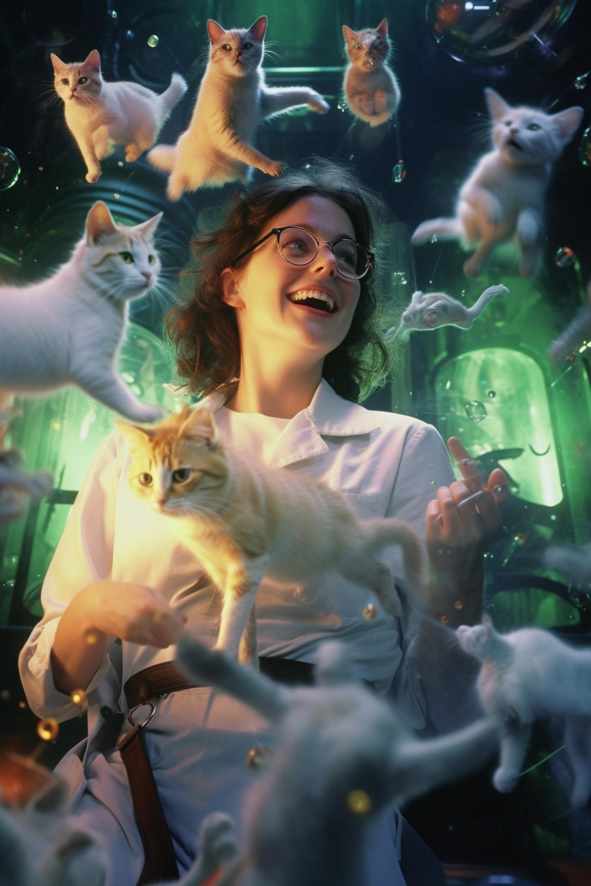 Shot from the movie Ghostbusters: Answer the Call, Female scientist in glasses and lab coat surrounded by lots of cute sci-fi flying cats in the background of a laboratory , professional photo, grainy photo, high resolution, cinematic lighting