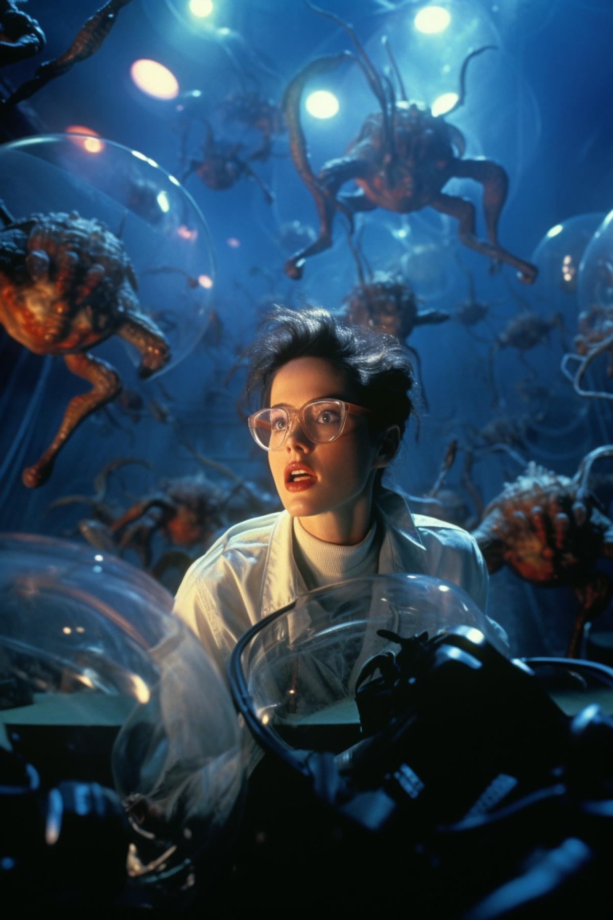 Shot from the movie Ghostbusters: Answer the Call, Female scientist in glasses and lab coat surrounded by lots of cute sci-fi flying creatures in the background of a laboratory, professional photo, grainy photo, cinematic lighting