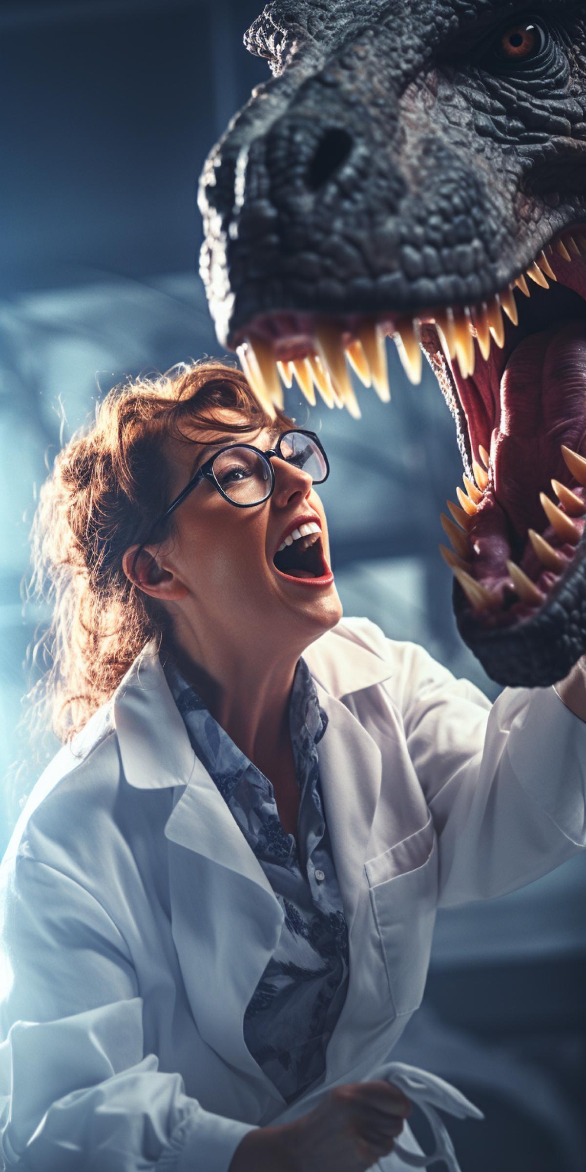 Shot from the movie Jurassic Park, beautiful female scientist in glasses and lab coat feeding tyrannosaurus, professional photo with filter application, high resolution, cinematic lighting.