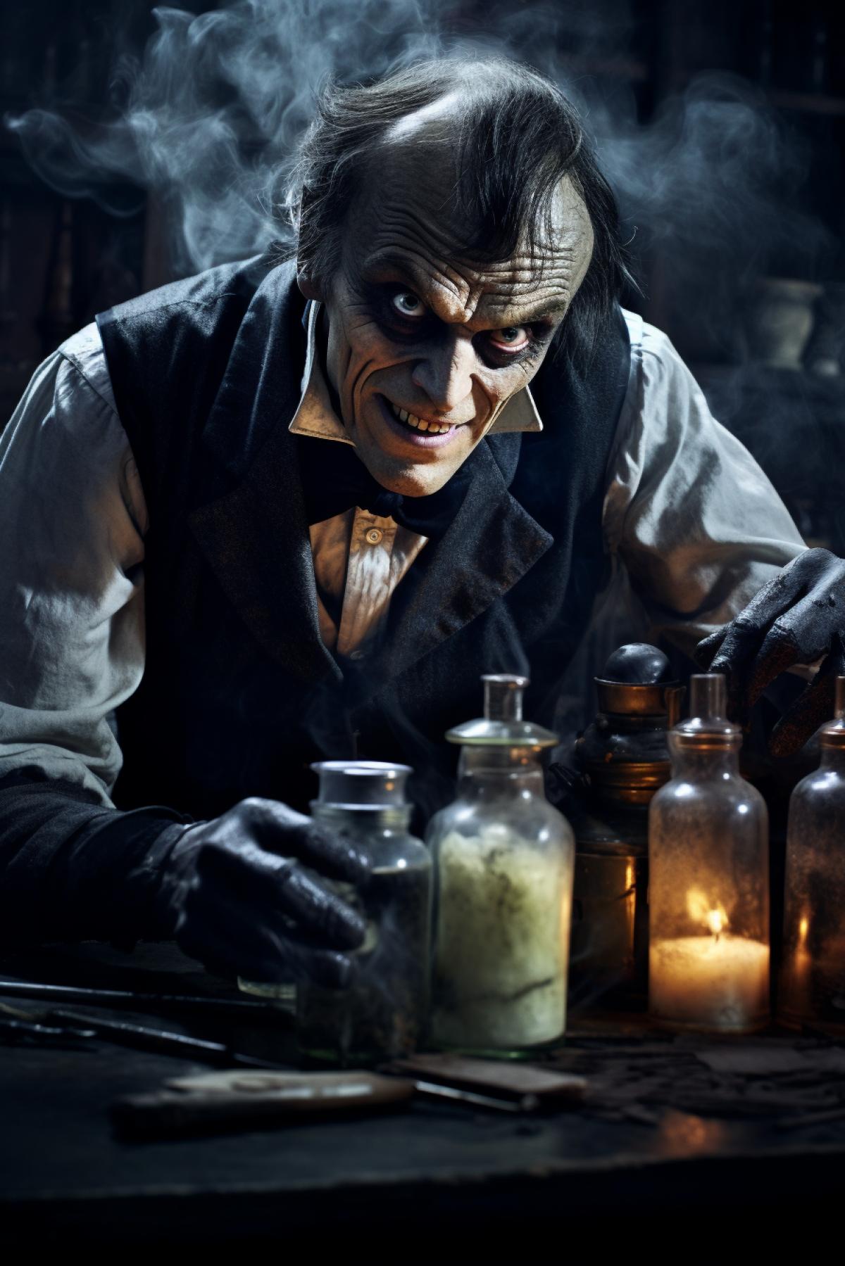 Dr. Jekyll transforming in Mr. Hyde, metamorphosis, laboratory, creepy, crazy, horror, cinematic, epic, photorealistic
