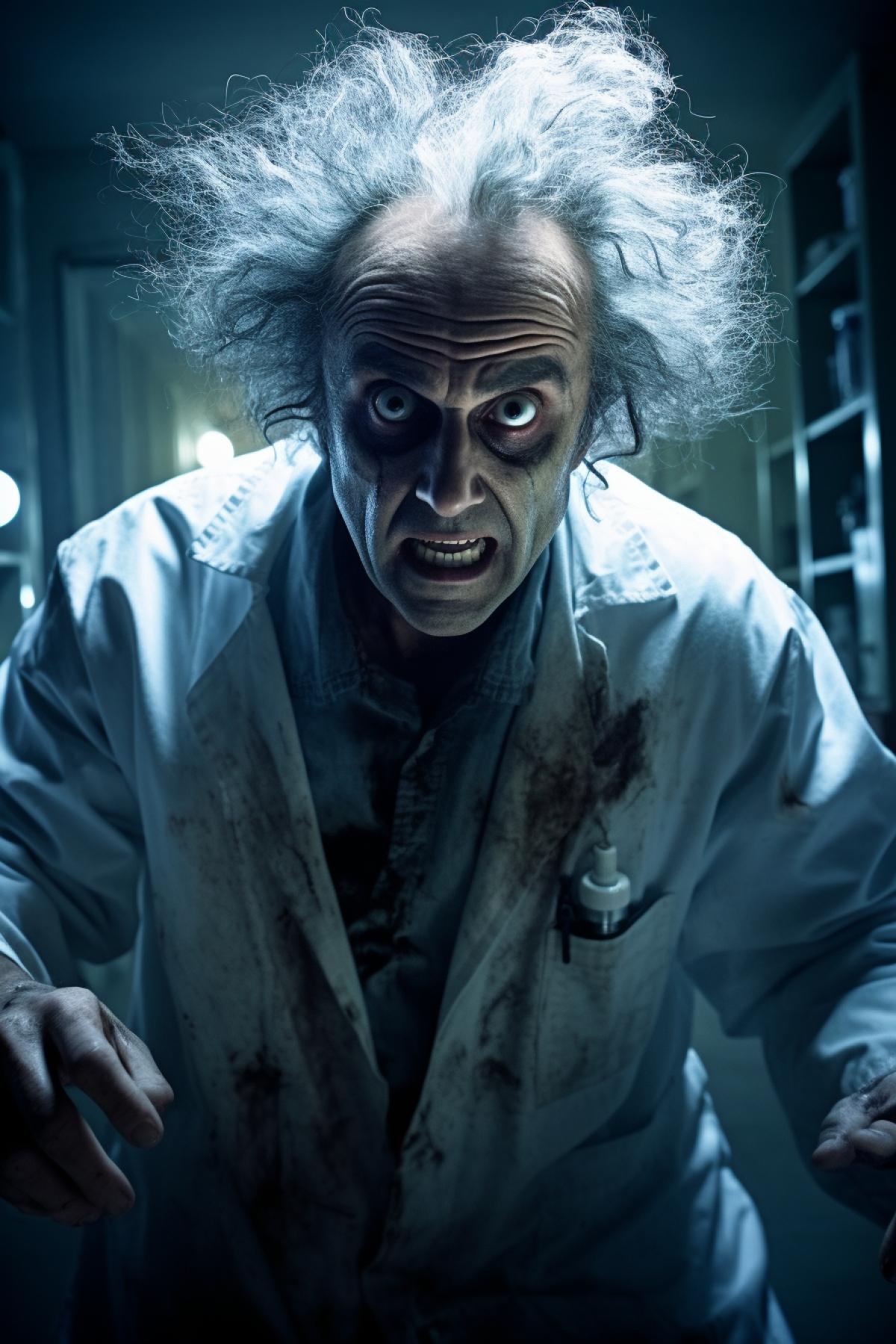 mad scientist in a psychiatric clinic, creepy, crazy, horror, cinematic, epic, photorealistic