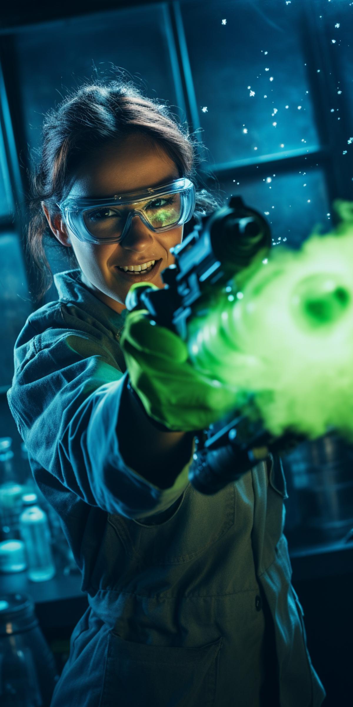 Gorgeous woman scientist in goggles and lab coat 4ks for a photo holding a large blaster spewing green plasma, professional photo vertical format with cold filter. high definition and resolution