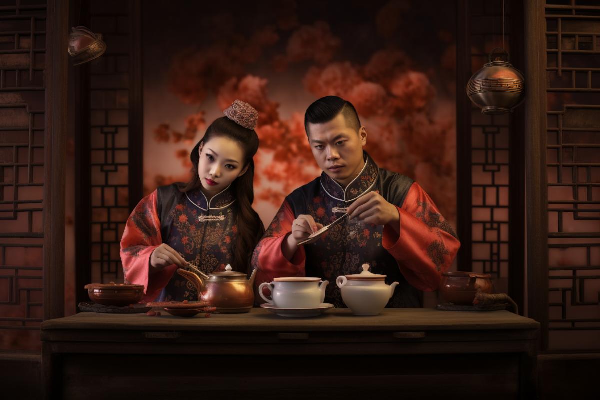 Chinese people in traditional clothes at a tea ceremony with Chinese utensils