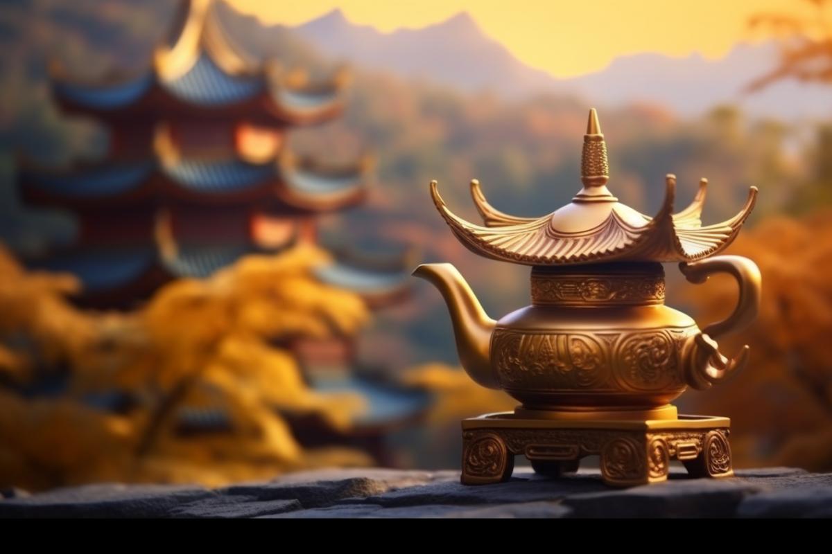 Tea ceremony in a Chinese gazebo in the mountains, against the backdrop of autumn hills. Chinese teapot close-up.