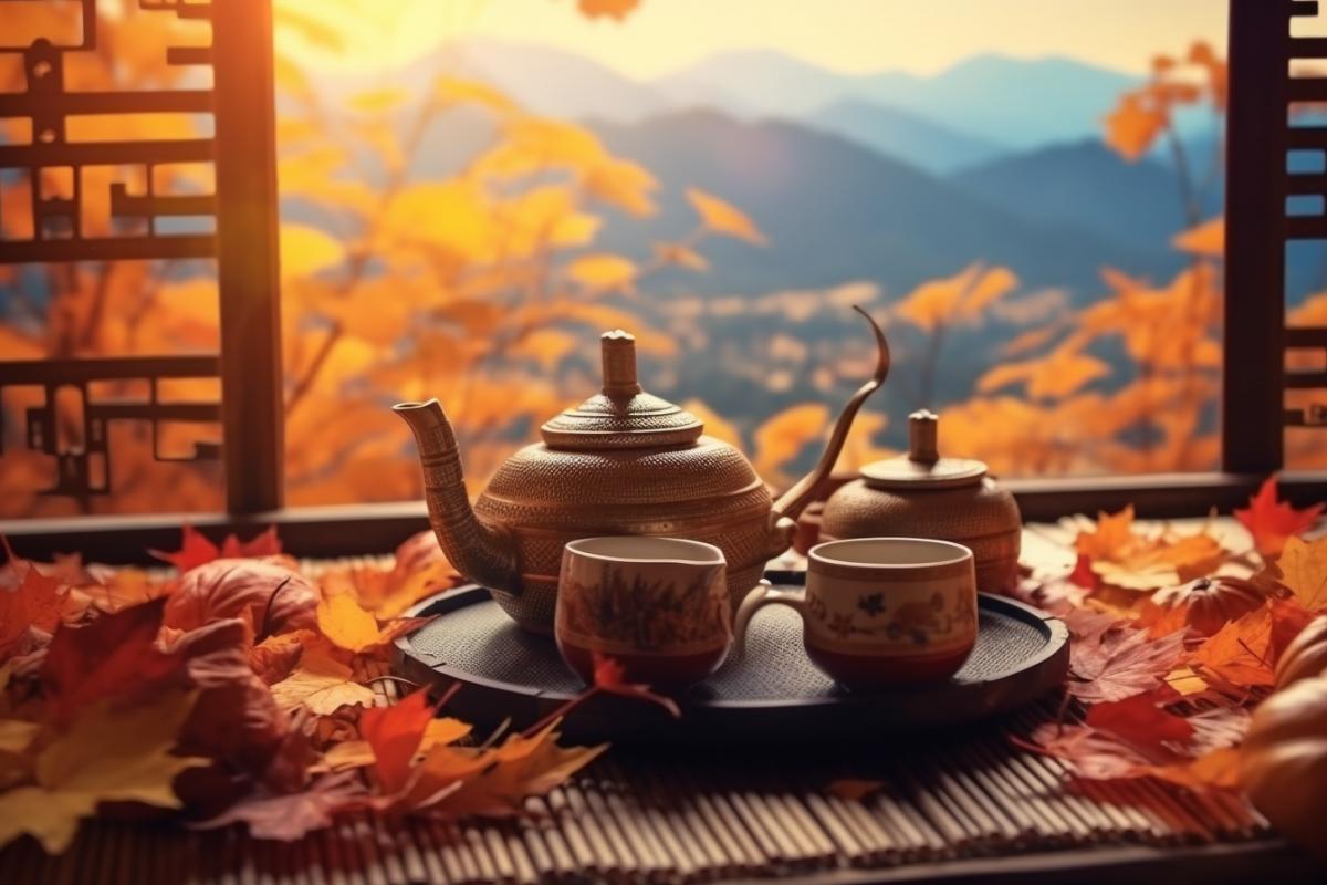 Tea ceremony in a Chinese gazebo in the mountains, against the backdrop of autumn hills. Chinese teapot close-up.