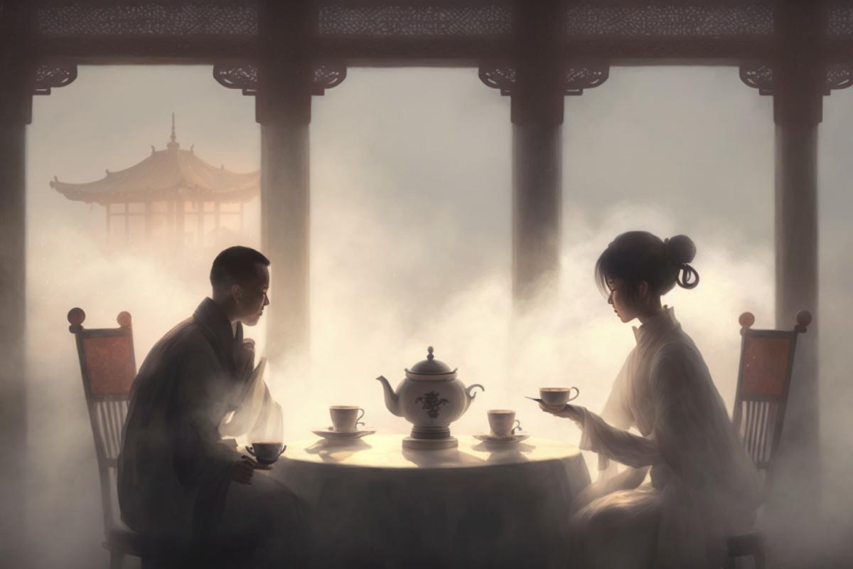 Romantic Chinese tea ceremony in the fog
