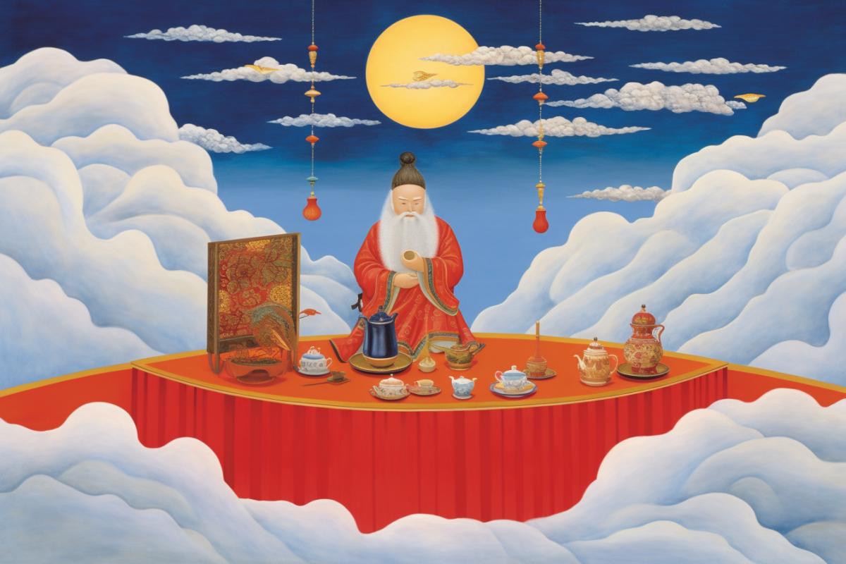 Confucius drinks tea at a tea ceremony in the clouds, zen, peace.