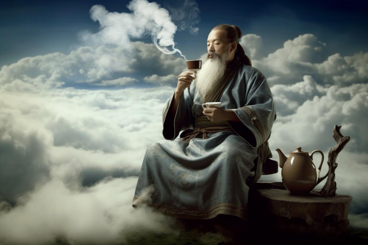 Confucius drinks tea at a tea ceremony in the clouds, zen, peace.