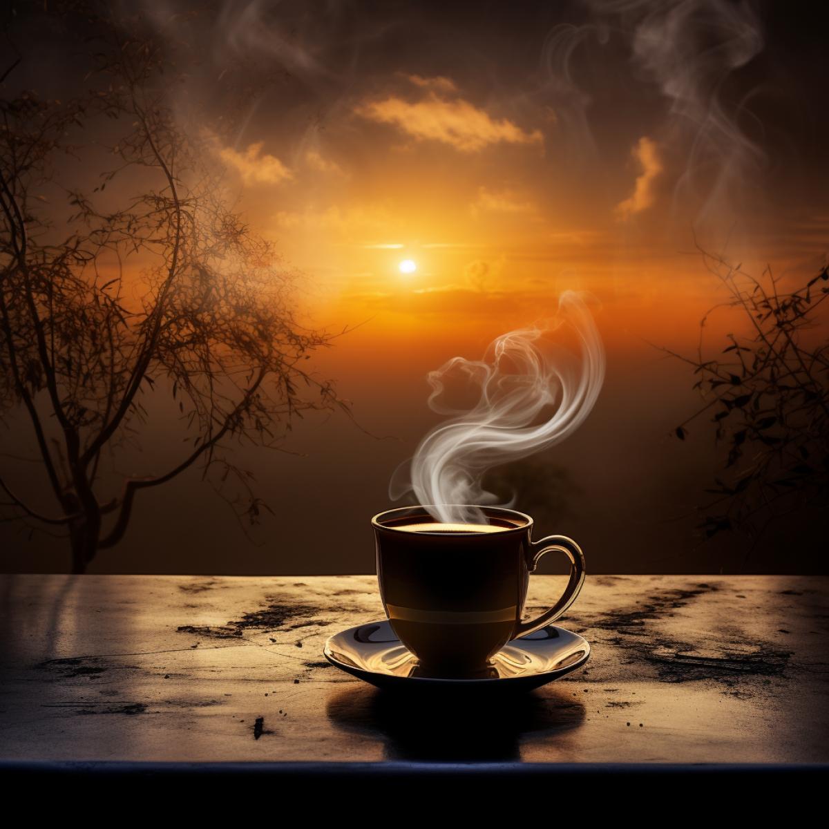Dawn, a cup of hot steaming tea, Ben Goossens style