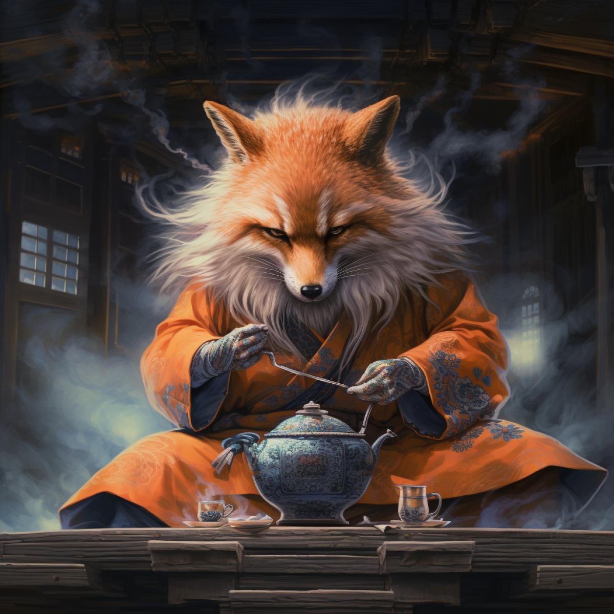 Chinese nine-tailed fox sipping tea