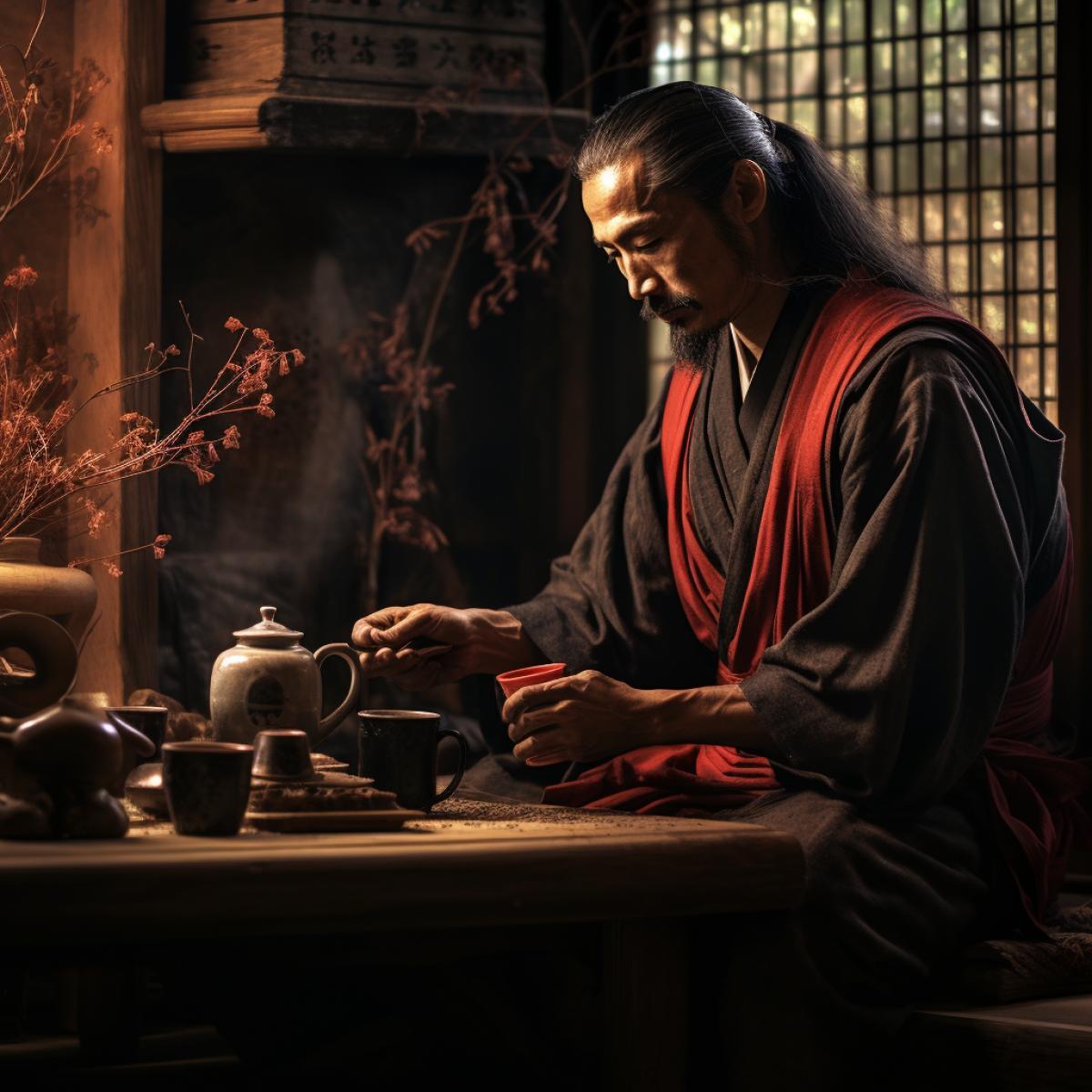 Samurai drinking tea at Ancient Japan bar in Japanese aesthetics style