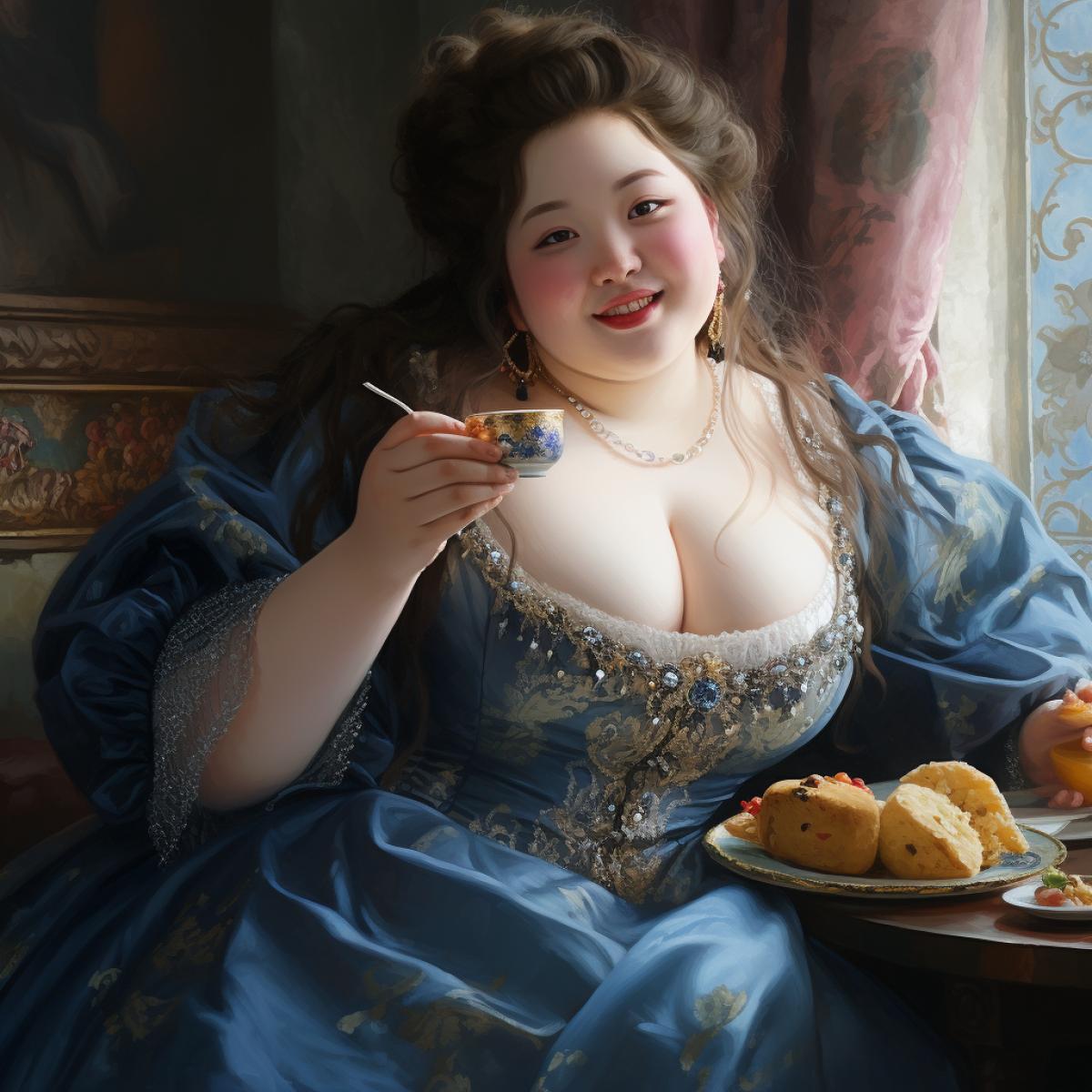 beautiful obese teenage Chinese girl in royal castle, smiling, drinking tea with eclairs, sitting at table, beaded lace dress, fat arms, round cheeks, double chin, obese, stunningly beautiful fat face, big grey-blue eyes, thick dark eyeliner, blue eye-shadows, mascara, pale skin, elite jewelry, long hair,hyperrealistic