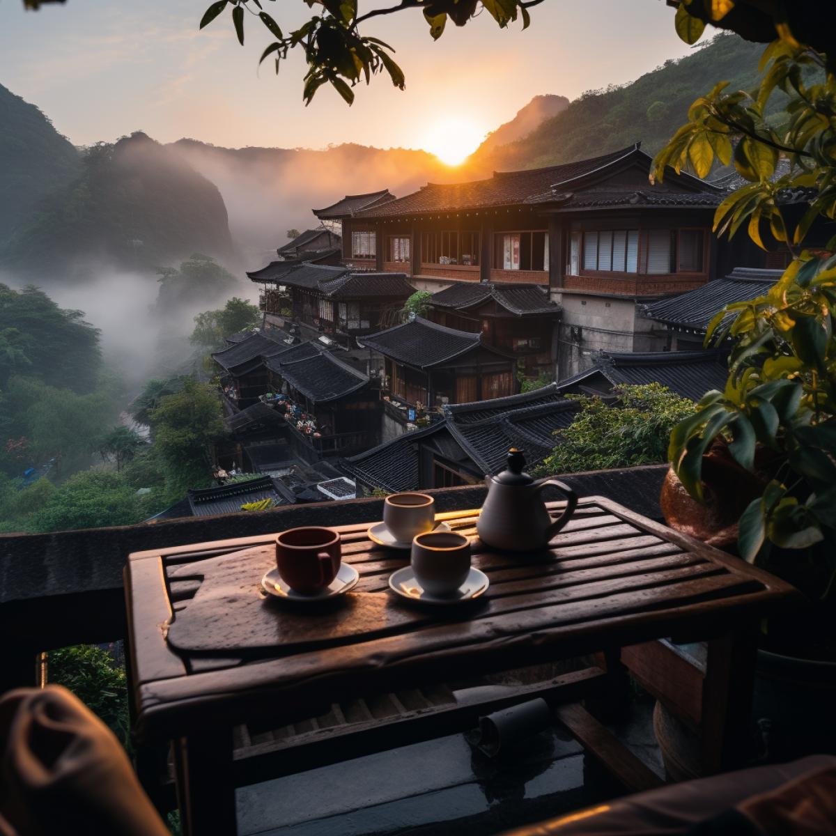 holding a warm cup of tea on a balcony, contentedly watching the sunrise, atmospheric Chinese village