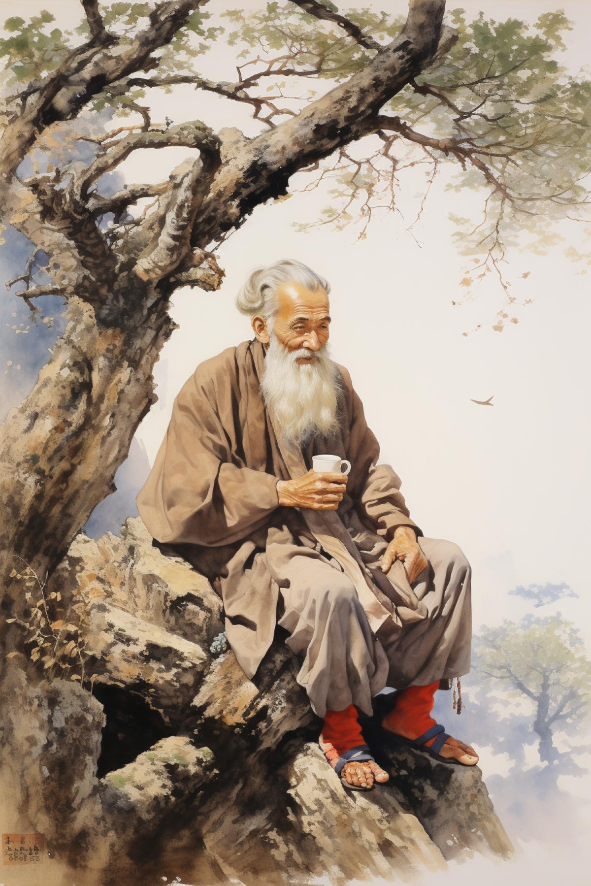 Wise Old Man, sitting on the edge of a mountain, drinking tea, high quality, good detail, 20th century Chinese Painting
