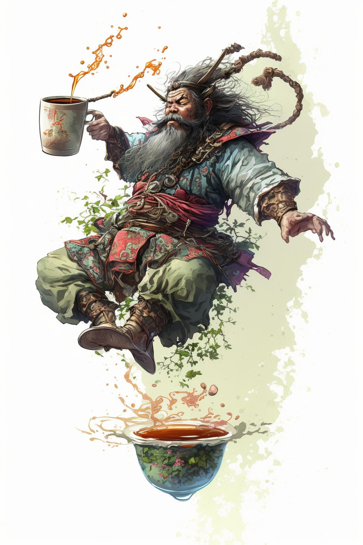 a samurai floating in the air enjoys a cup of tea