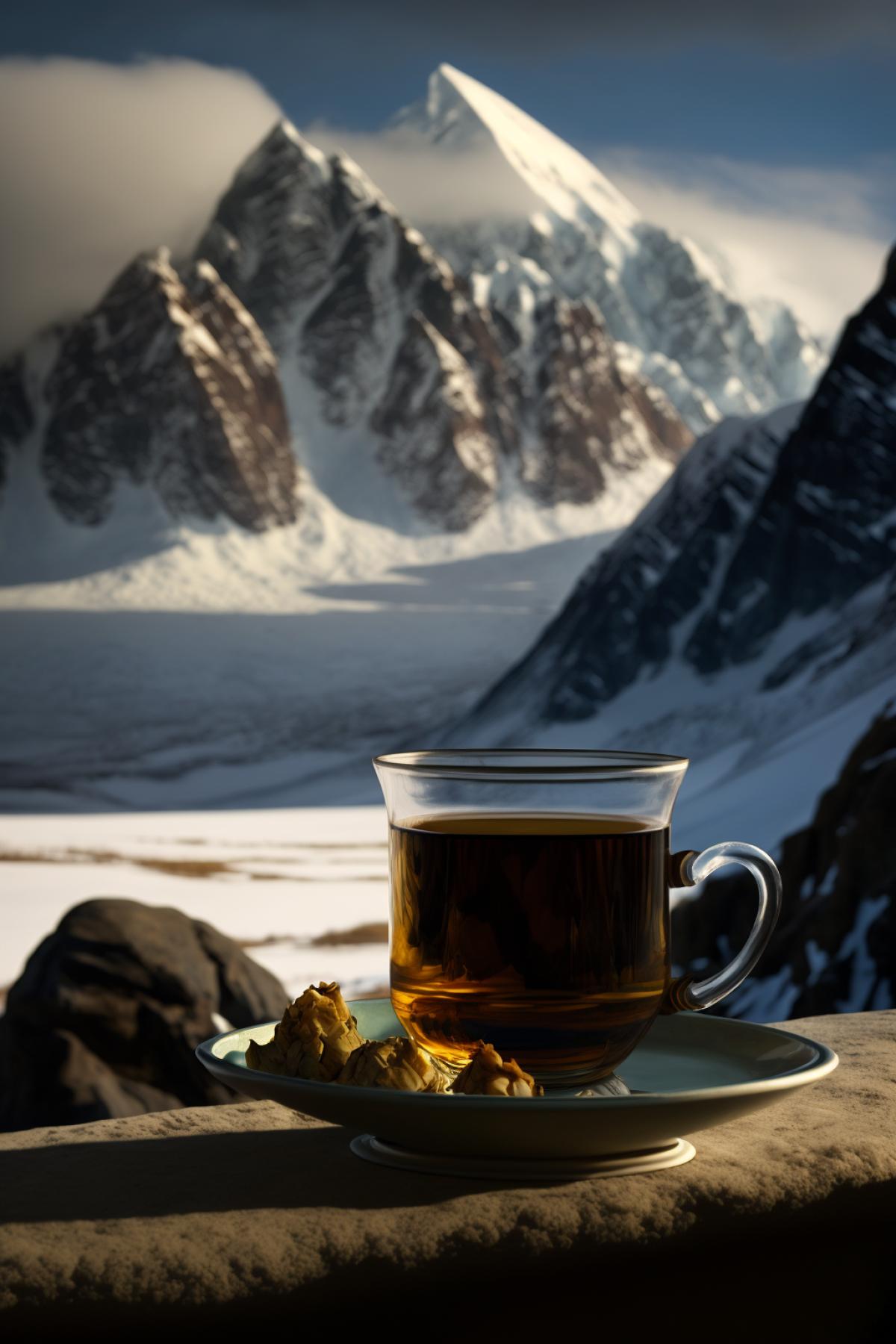 a cup of aromatic fresh tea against the backdrop of snowy peaks, a very beautiful photo