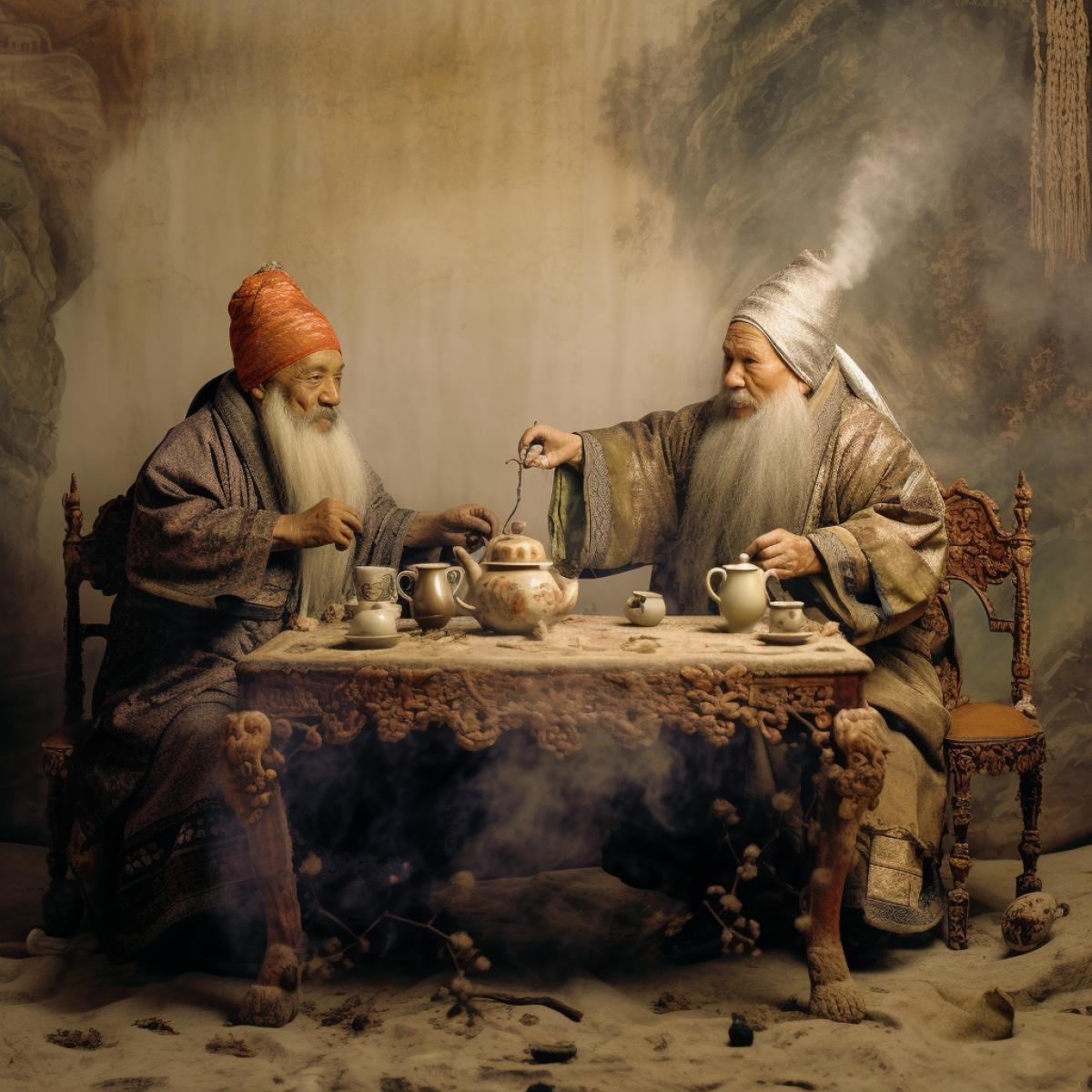 Tea ceremony, two wise men, cheerful chaos, wooden furniture, harmony, silence, twilight, above the sage and light, invitation to the table