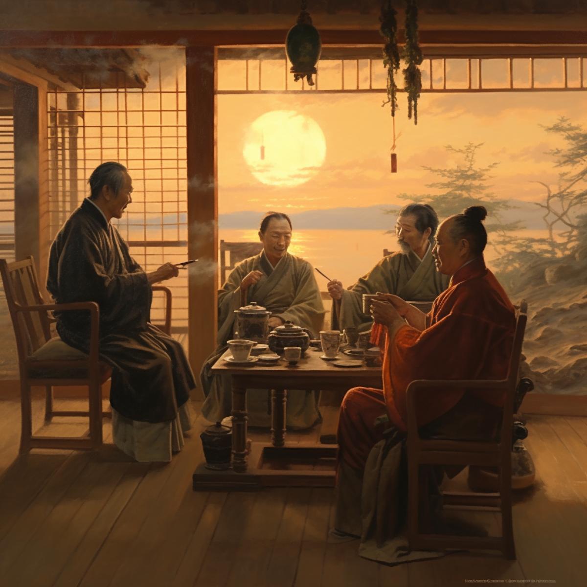 Tea ceremony, many wise men, dynamic conversation, wooden furniture, harmony, silence, twilight