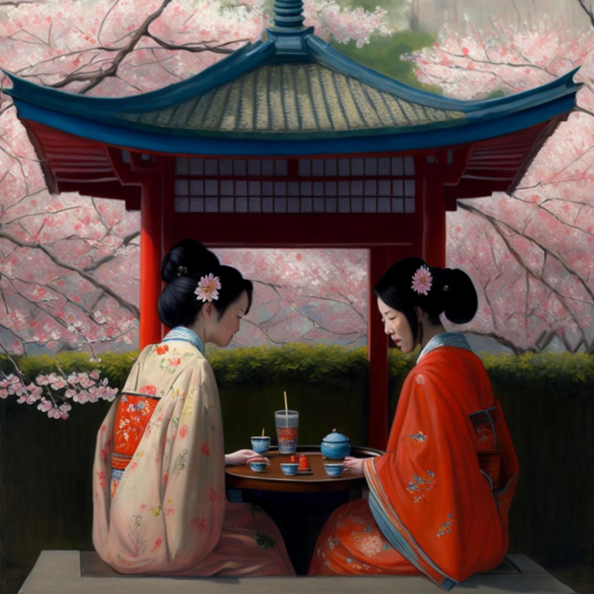 Tea ceremony, two geisha in a red kimono, Japanese gazebo, cherry blossoms, flowers, photorealism