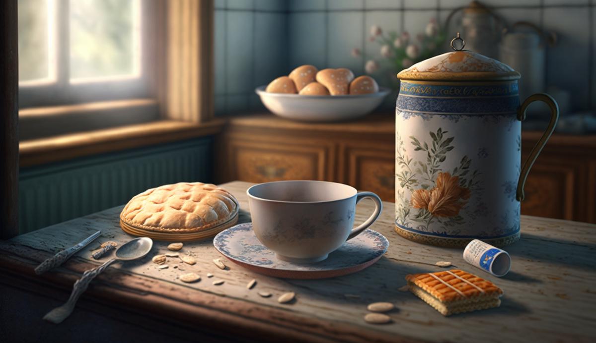 Tea drinking with crackers in the kitchen in Russia